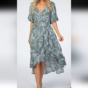 Sage Leaf Print Hi-Low Wrap Midi Dress Plus Size 1X New with tags